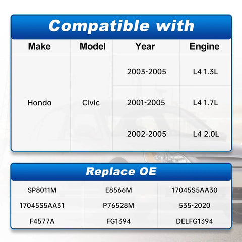 Compatibility and replacement chart for Fuel Pump Module Assembly With Sending Unit For Honda Civic 2001 Through 2005 1.3L 1.7L 2.0L
