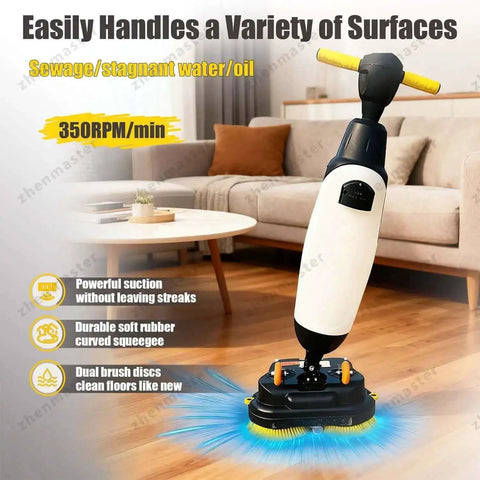 Cordless 3-In-1 Floor Scrubber And Washer Dryer, shown cleaning a living room floor, features dual brush discs and suction.