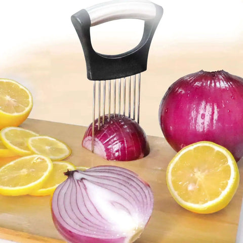 Versatile Onion Slicer With Ten Stainless Forks For No Slip Grip And Even Slices Onions Tomatoes Lemons And Meats Plus A Large Crinkle Cutter For Fries Veggies And A Potato Cutter Kitchen Tool slicing onion on wooden board with lemons