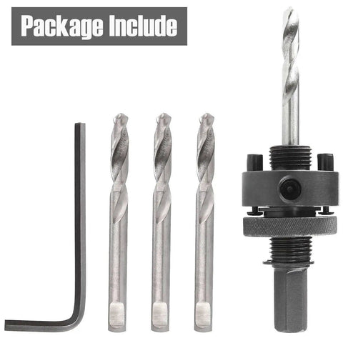Package includes: Heavy Duty Quick Change Hole Saw Arbor For 1-1/4 To 6-5/8 Inch Hole Saws with 7/16 Hex Shank, 3 pilot bits.