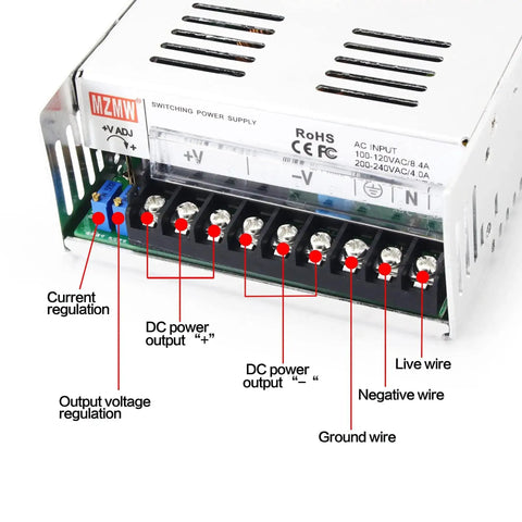 600W 24V DC Switching Power Supply showing output terminals and regulation controls, labeled for LED, CCTV, and motor use.