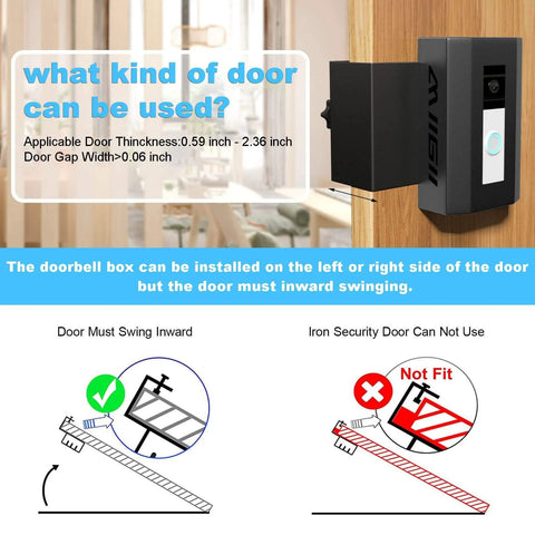 Diagram showing installation of All Metal Anti Theft Doorbell Mount No Drill Needed Sturdy Bracket on different door types.