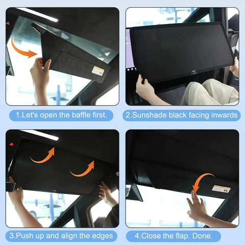 Four-step installation of Cybertruck Roof Sunshade Kit Nano Reflective Heat Insulation UV Protection 2Pcs with hands demonstrating use.