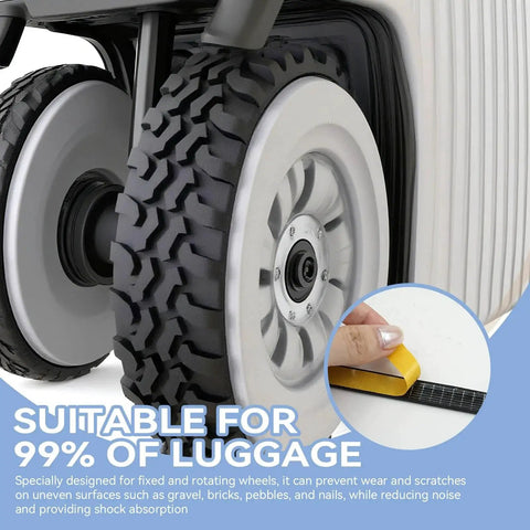 Silicone Luggage Wheel Covers 8 Pack Noise Reducing Shock Absorbing Wheel Protectors installed on suitcase wheels.