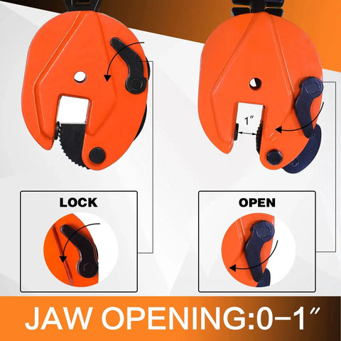 Plate Lifting Clamp 1 Ton With Point Six Inch Jaw Opening For Steel Plates, showing lock and open positions