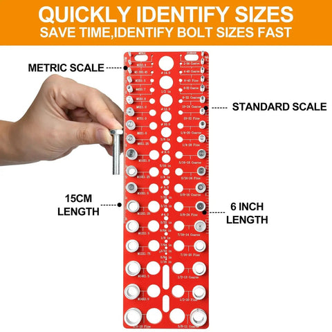 Nut And Bolt Thread Checker For Quick Sizing With 19 SAE Standard And 17 Metric Thread Sizes Plus 19 Drill Bit Gauges shown held by hand