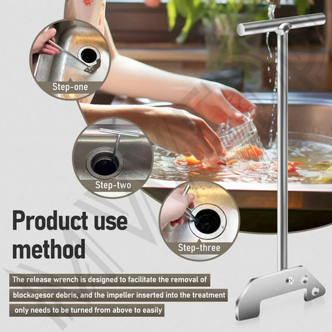Extended Grip Garbage Disposer Unjamming Wrench For Waste King And Moen Disposals, shown in kitchen sink use