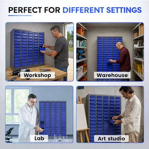 Heavy-Duty Alloy Steel Tool Storage Cabinet With 100 Drawers And Dividers, Nut And Bolt Organizer in workshop, warehouse, lab, and art studio settings.