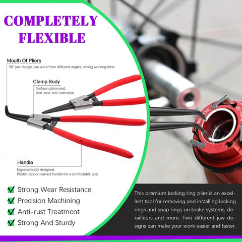 13 Inch Snap Ring Pliers Kit With Pick And Hook Set, Heavy Duty Internal External Circlip Oil Seal Pliers, retaining tool in use on machinery.