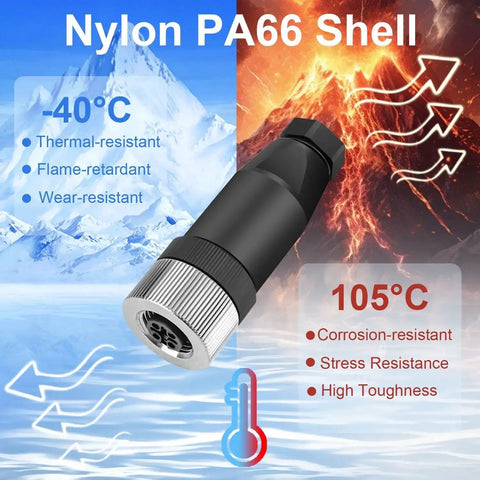 10 Pack M12 4 Pin Aviation Connector Female A Code IP67 Waterproof Field Assembly Plug with Nylon PA66 Shell, Temperature Range -40°C to 105°C