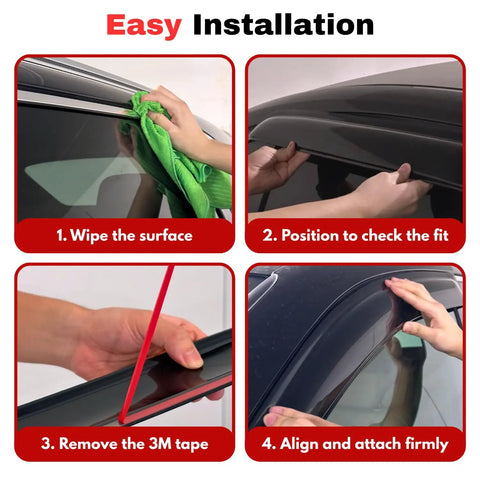 Step-by-step installation guide for Out Channel Rain Guards Window Visors showing application process for RAM Trucks.