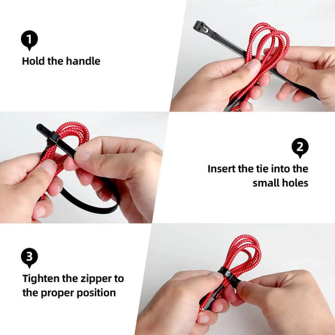 Instructions showing 100 Pcs 8 Inch Heavy Duty Zip Ties 40 Lbs Tensile Strength Releasable And Reusable Nylon PA66 Self Lock Cable Ties usage steps.