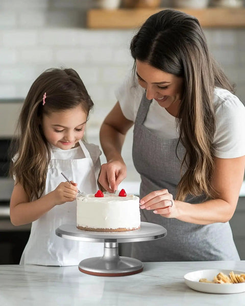 Mother and daughter decorating cake on 12 Inch Aluminum Alloy Rotating Cake Turntable With Non Slip Silicone Bottom Pro Grade Heavy Duty Revolving Cake Stand For Decorating Cakes, Pastries, And Cupcakes, Quiet Smooth Spin, Durable Kitchen Accessory For Bakers.