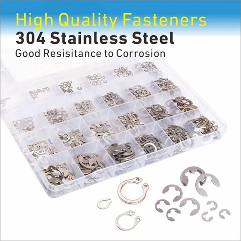 327Pcs E Clips Circlip Retaining Rings Kit With 24 Sizes From 1.2mm To 10mm Includes External C Clips Snap Rings 304 Stainless Steel External Retaining Rings Heavy Duty Tool Set For Machinery Automotive DIY displayed in clear organizer with various sizes visible