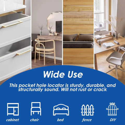 Multi-use settings for Pocket Hole Jig Kit With Adjustable Punch Locator And 15 Degree Drill Guide including cabinet, chair, bed.