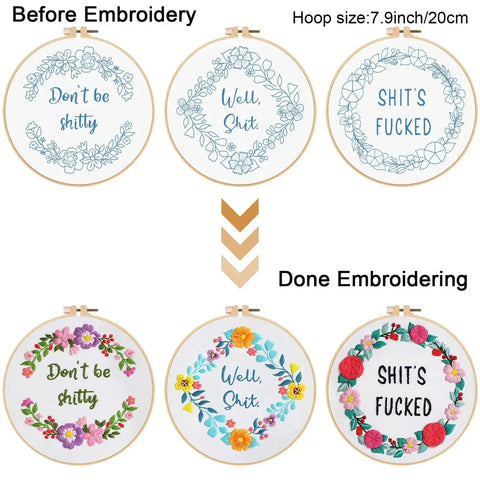 Three Sets Of Funny Embroidery Kits For Beginners With Flower Wreath Pattern And Funny Words Pattern DIY Easy Cross Stitch And Needlepoint Starter Kit For Adults Includes Clear Instructions And Colorful Threads showing before and after stitching.