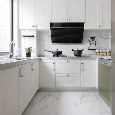 Modern kitchen with white cabinetry featuring 10 Pack Modern Acrylic Cabinet Handles With Clear Square Tube And Polished Chrome Base, 4 Inch Hole Centers