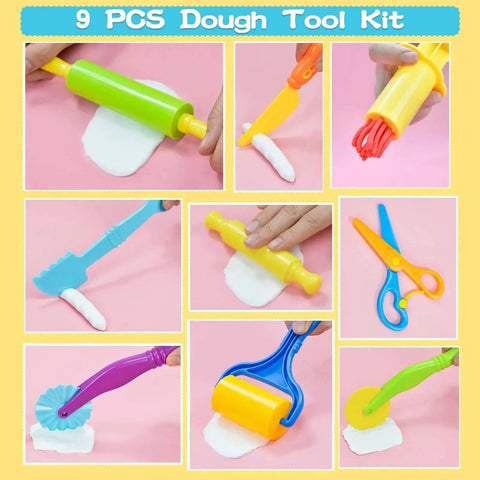 Creative 9 Piece Dough Tool Set For Kids Ages 4 To 8 With Colorful Cutters Rolling Pins Plastic Scissors Plastic Knife And Rollers By LCY WEDSHI For Safe Messy Play With Dough Clay Or Sand.