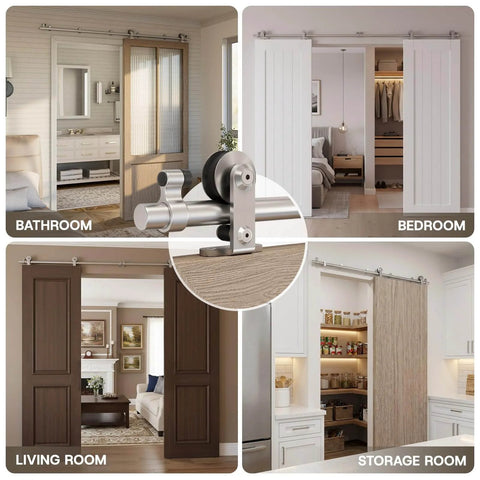 66 Inch Top Mount Sliding Barn Door Hardware Kit In Stainless Steel, shown in various interior settings, heavy duty