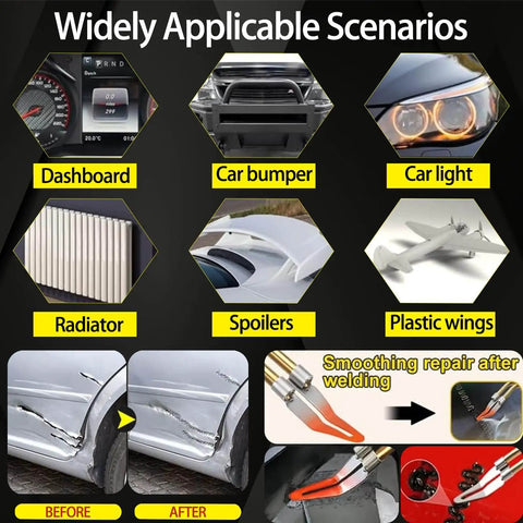 Image showing various plastic repair scenarios for car bumpers, dashboards, and spoilers using Upgraded 150W Plastic Welder Kit.