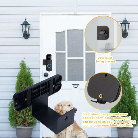 Anti Theft Video Doorbell Mount Bracket installed on white door with detailed camera holder close-up, versatile for apartments homes dorms