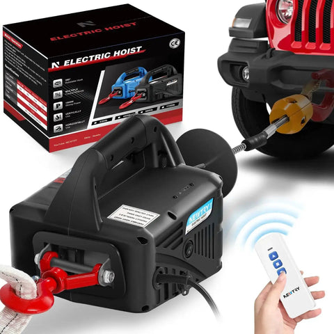 3 In 1 Electric Hoist Winch With Wireless And Cable Remote 1100 Lb Lift, showing main unit, remote control, and car attachment.