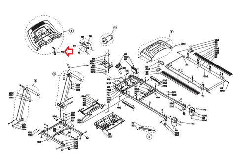 Diagram showing parts of a treadmill, highlighting the magnetic safety key lanyard for treadmills with braided cord and clip, PN 1000105094.