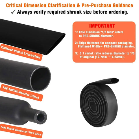 Half Inch Heat Shrink Tubing 10 Ft 3 To 1 Waterproof Adhesive Lined Dual Wall shown with pre-shrink and post-shrink dimensions