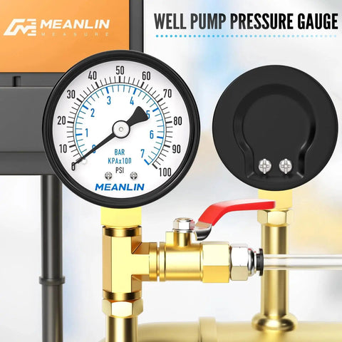 Well Pump Pressure Gauge 0 to 100 PSI, 2 Inch Dial Face, Lower Mount, One Quarter Inch NPT Port shown in close-up installation