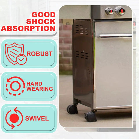 Locking Caster With Insert Replacement Wheel Set shown on a stainless steel grill with shock absorption and swivel features highlighted
