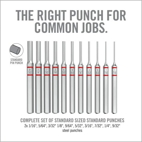 11 Piece Standard Punch Set With Pro Grade Heavy Duty Premium Steel Punches That Resist Corrosion Built For The Shop displayed vertically