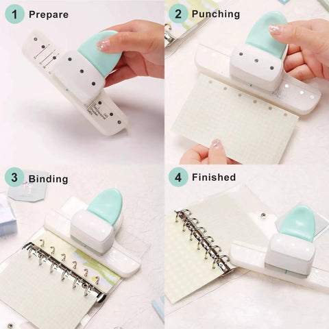 Process of using Go To 3 Hole Punch And 12 Piece Metal Ring Binder Set For A5 To A8 Notebooks Travel Journal Scrapbook In Green