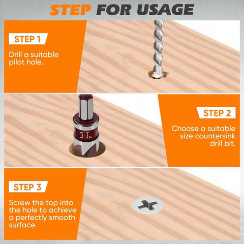 5 Piece Countersink Drill Bit Set With 82 Degree Premium HSS Countersink Bits Quick Change Hex Shank usage steps.