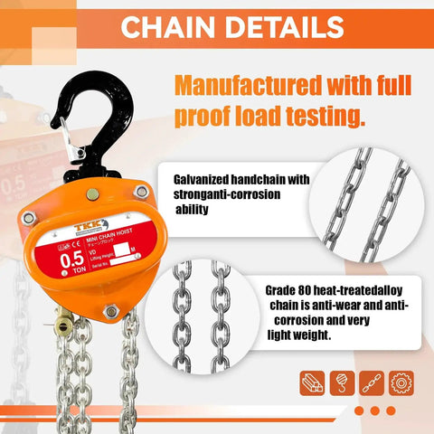Half Ton Chain Hoist 1100 Lbs Capacity 10 Ft Manual Chain Block With Hooks details with load-tested chain