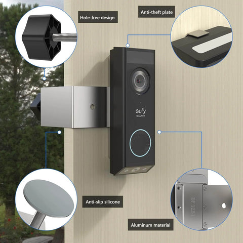 Anti Theft Doorbell Mount For Eufy E340 Video Doorbell Camera With Hidden Screws And Sturdy Aluminum Construction No Drill Install Easy Mount And Secure Bracket Accessories For Theft Resistant Outdoor Use visible on door with labeled features like anti-theft plate and aluminum material.