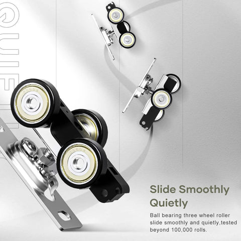 Close-up of Quiet Glide Rollers from Bypass Pocket Door Hardware Kit 6 Foot 72 Inch Double Sliding System Commercial Grade Aluminum Track.