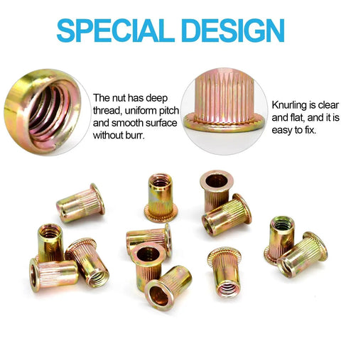 Rivet Nuts Kit 100 Pcs 1 4 20 UNC Zinc Plated Carbon Steel Nutserts showing close-up of knurled design and deep threads.