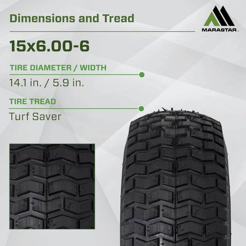 Close-up of 15x6.00-6 turf saver tread pattern with dimensions, part of Two Pack 15x6.00-6 Pneumatic Tire And Wheel Assembly For Riding Lawn Mowers Turf Saver Front Tires 4 Ply Center Hub Grease Fitting Easy Install Fits Craftsman Riding Mowers