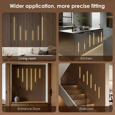 Six Piece Slat Wall Light Kit For Wood Panels With Adhesive Black LED Strips in living room, kitchen, entrance door, and staircase settings
