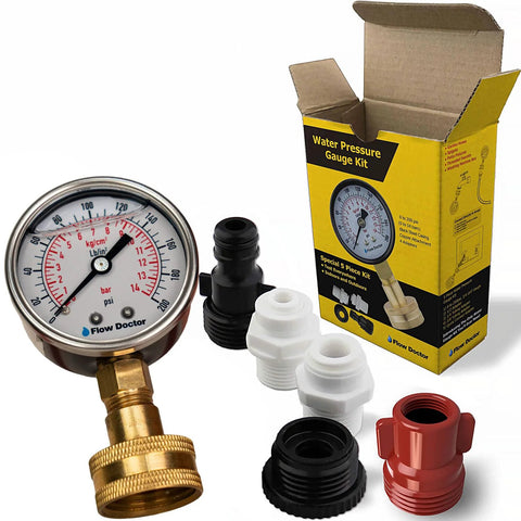 Flow Doctor water pressure gauge kit with glycerin-filled gauge, brass fitting and 6 adapters (front view)