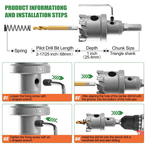 Carbide Hole Saw Kit For Metal 17 Piece Set 9/16 To 2 1/8 Inches With Tungsten Carbide HSS Step Drill Bit installation guide.