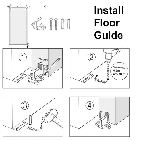 Installation guide for Heavy Duty Bypass Barn Door Hardware Kit with floor guide components and step-by-step instructions.