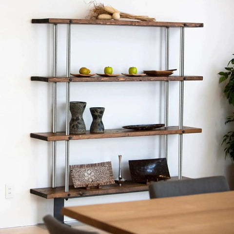 Wooden shelf unit supported by Four Piece Half Inch Fully Threaded Rods 36 Inch 304 Stainless Right Threads