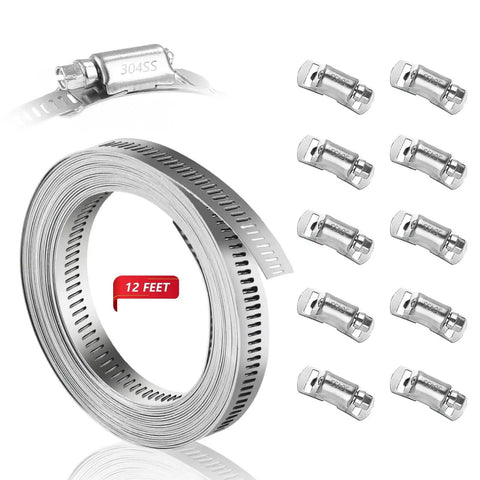 304 Stainless Steel Hose Clamp Kit For DIY Projects - Cut-To-Fit 12 Ft Metal Strap With 10 Heavy-Duty Fasteners image