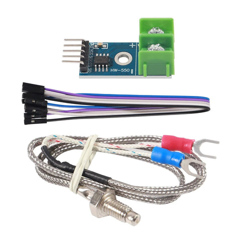 MAX6675 temperature sensor module with K-type thermocouple, blue PCB and green terminals, 6-piece kit for Pi/Arduino.