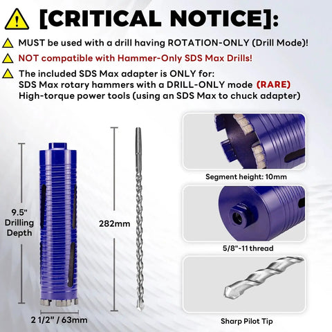 Pro Heavy Duty Dry Core Drill Bit Set With Pilot Bit And 3 Adapters For Concrete With Rebar Masonry Brick And Mortar, 2.5 Inch Core Bit, 9.5 Inch Depth, 5/8-11 Thread, SDS Plus/Max Compatible And 1/2 Hex shown with specifications and warnings.