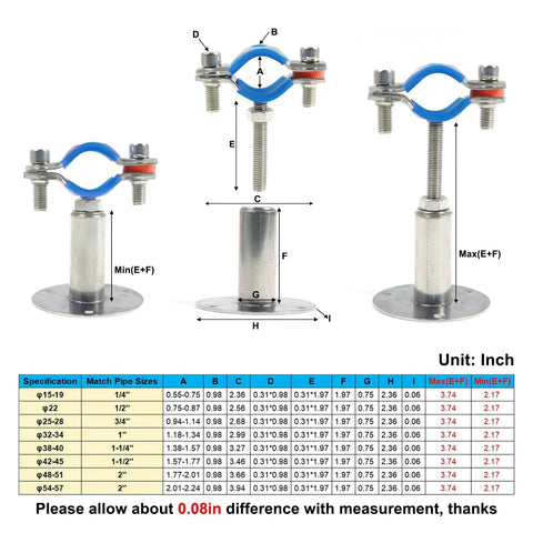 Four Pack 304 Stainless Steel Wall and Ceiling Pipe Mount Brackets With Adjustable Height From 50 To 100 Mm Includes Pipe Strap Clamps