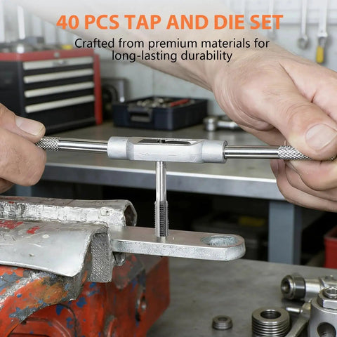 Using the 40 Piece Metric Tap And Die Set With Coarse And Fine Threads M3 Through M12 to repair metal with GCr15 steel tool.