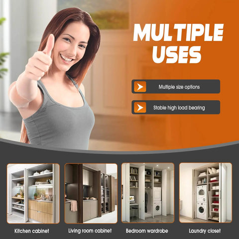 Woman giving a thumbs up in front of images showing multiple cabinet uses for Compact Pocket Door Hardware Kit 24 Inch 4 Pack With Soft Close Track System Magnetic Catch Space Saving Hidden Sliding For Inset And Cabinet Doors Ideal For Narrow Spaces In Small Kitchens Bathrooms And Pantries.