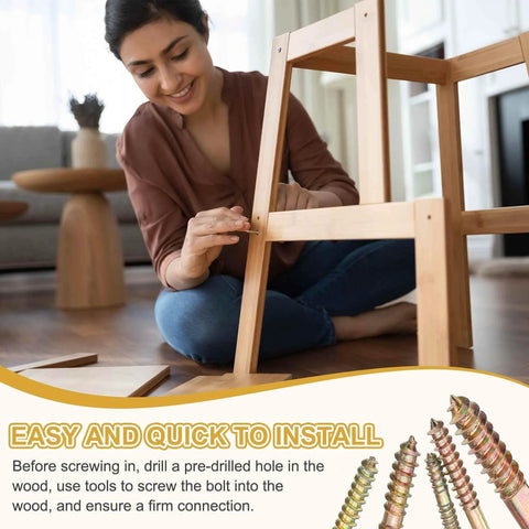 Woman installing furniture legs using 30 Pack M6x45 Hanger Bolts Double Headed Self-Tapping Wood Dowel Screws Carbon Steel Zinc Finish